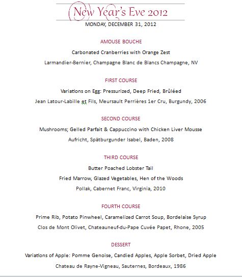 NYC 2012 Menu
