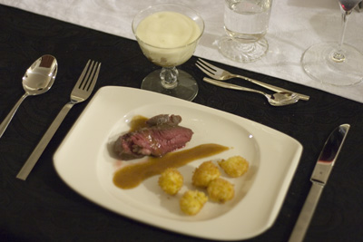 Filet Mignon with Fried Bernaise Spheres and Potato Foam