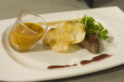 Prime Rib, Potato Pinwheel and Caramelized Carrot Soup 